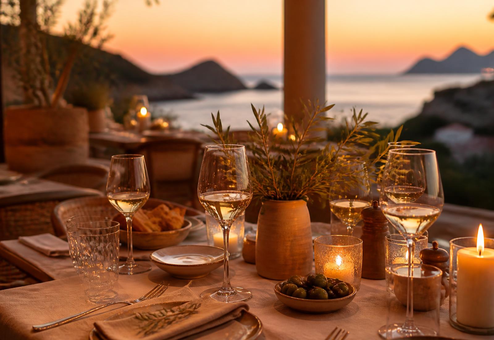 Tavolo di un ricevimento serale con vino Vermentino e olive affacciato sul mare della Sardegna