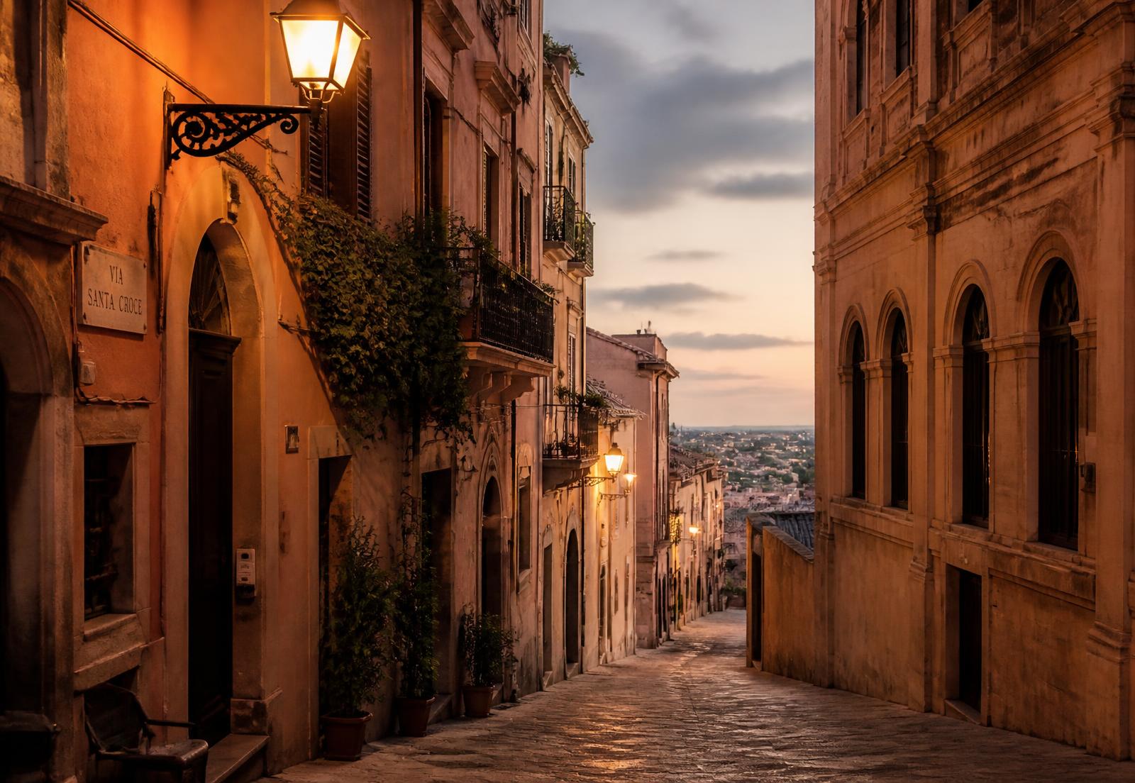 Strada in pietra dai toni terracotta nel quartiere Castello di Cagliari al crepuscolo